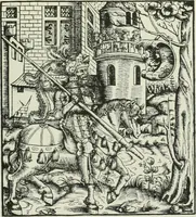 An illustration from Catalogue of an important library of rare and valuable books; incunabula typographica, mostly in original bindings; illustrated books of the XVIth and XVIIIth century; early Americana; Standard works on the fine arts; bibles and liturgical books; fine bindings; Judaica; early books on geography, etc., including Hypnerotomachia Poliphili, 1499; Schatzbehalter, 1491; Terentius, Venezia, 1497; Valturius, 1483; Dürers Hroswitha, Proportion a.o. Holbeins Dance of Death, 1538; The first Holbein Bible; Theuerdank, 1519; Monument du Costume; Janscha-Ziegler, Rheinansichten, etc (1900)