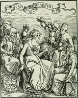 An illustration from Catalogue of an important library of rare and valuable books; incunabula typographica, mostly in original bindings; illustrated books of the XVIth and XVIIIth century; early Americana; Standard works on the fine arts; bibles and liturgical books; fine bindings; Judaica; early books on geography, etc., including Hypnerotomachia Poliphili, 1499; Schatzbehalter, 1491; Terentius, Venezia, 1497; Valturius, 1483; Dürers Hroswitha, Proportion a.o. Holbeins Dance of Death, 1538; The first Holbein Bible; Theuerdank, 1519; Monument du Costume; Janscha-Ziegler, Rheinansichten, etc (1900)