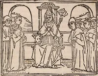 An illustration from Catalogus sanctorum [et] gestorum eoru[m] ex diuersis voluminibus collectus: editus a reuere[n]dissimo in [Christo] patre domino Petro de natalibus de venetijs dei gratia e[pisco]po Equilino (1506)