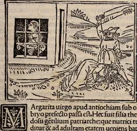 An illustration from Catalogus sanctorum [et] gestorum eoru[m] ex diuersis voluminibus collectus: editus a reuere[n]dissimo in [Christo] patre domino Petro de natalibus de venetijs dei gratia e[pisco]po Equilino (1506)
