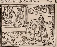 An illustration from Catalogus sanctorum [et] gestorum eoru[m] ex diuersis voluminibus collectus: editus a reuere[n]dissimo in [Christo] patre domino Petro de natalibus de venetijs dei gratia e[pisco]po Equilino (1506)