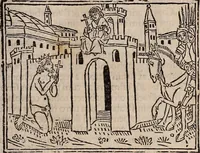 An illustration from Catalogus sanctorum [et] gestorum eoru[m] ex diuersis voluminibus collectus: editus a reuere[n]dissimo in [Christo] patre domino Petro de natalibus de venetijs dei gratia e[pisco]po Equilino (1506)