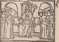 An illustration from Catalogus sanctorum [et] gestorum eoru[m] ex diuersis voluminibus collectus: editus a reuere[n]dissimo in [Christo] patre domino Petro de natalibus de venetijs dei gratia e[pisco]po Equilino (1506)