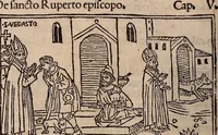 An illustration from Catalogus sanctorum [et] gestorum eoru[m] ex diuersis voluminibus collectus: editus a reuere[n]dissimo in [Christo] patre domino Petro de natalibus de venetijs dei gratia e[pisco]po Equilino (1506)