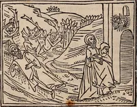 An illustration from Catalogus sanctorum [et] gestorum eoru[m] ex diuersis voluminibus collectus: editus a reuere[n]dissimo in [Christo] patre domino Petro de natalibus de venetijs dei gratia e[pisco]po Equilino (1506)