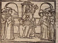 An illustration from Catalogus sanctorum [et] gestorum eoru[m] ex diuersis voluminibus collectus: editus a reuere[n]dissimo in [Christo] patre domino Petro de natalibus de venetijs dei gratia e[pisco]po Equilino (1506)