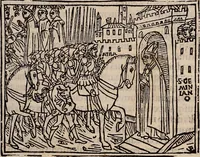An illustration from Catalogus sanctorum [et] gestorum eoru[m] ex diuersis voluminibus collectus: editus a reuere[n]dissimo in [Christo] patre domino Petro de natalibus de venetijs dei gratia e[pisco]po Equilino (1506)
