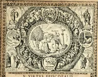 An illustration from Catena aurea virtutum episcopalium : anathema diuinae gloriae ad aras caelestium gratiarum affixum : nec non reverendissimo atque illustrissimo S. Rom. Imperii principi ac domino, D. Francisco Guilielmo episcopo Osnabrugensi et Verdensi, praeposito Ratisbonensi etc., comiti de Wartenberg, domino in Waldt, &c. : cum anno reparatae salutis humanae M.DC.XXXI. novi episcopatus Mindensis, novam mitram, clavemq[ue] sibi a sanctiss. d. n. Urbano papa VIII. oblatam ab invictissimo imperatore Ferdinando II. confirmatam, acceptaret, oblatum ac consecratum ab eiusdem Suae Celsitudinis Collegio Societatis Jesu Osnabrugi fundato (1631)