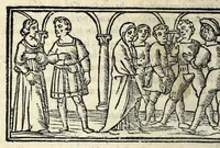 An illustration from Celestina : tragicomedia de Calisto et Melibea : novamente tradotta de lingua castigliana in italiano idioma : agiontoui di nuouo tutto quello che fin al giorno presente li mancaua : dapoi ogni altra impressione nouissimamente corretta, distinta, ordinata, & in piu com̃oda forma redotta, adornata, lequal cose nelle altre ĩpressione non si troua (1531)