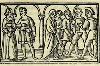 An illustration from Celestina : tragicomedia de Calisto et Melibea : novamente tradotta de lingua castigliana in italiano idioma : agiontoui di nuouo tutto quello che fin al giorno presente li mancaua : dapoi ogni altra impressione nouissimamente corretta, distinta, ordinata, & in piu com̃oda forma redotta, adornata, lequal cose nelle altre ĩpressione non si troua (1531)