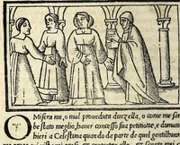 An illustration from Celestina : tragicomedia de Calisto et Melibea : novamente tradotta de lingua castigliana in italiano idioma : agiontoui di nuouo tutto quello che fin al giorno presente li mancaua : dapoi ogni altra impressione nouissimamente corretta, distinta, ordinata, & in piu com̃oda forma redotta, adornata, lequal cose nelle altre ĩpressione non si troua (1531)