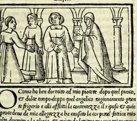 An illustration from Celestina : tragicomedia de Calisto et Melibea : novamente tradotta de lingua castigliana in italiano idioma : agiontoui di nuouo tutto quello che fin al giorno presente li mancaua : dapoi ogni altra impressione nouissimamente corretta, distinta, ordinata, & in piu com̃oda forma redotta, adornata, lequal cose nelle altre ĩpressione non si troua (1531)