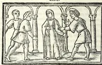 An illustration from Celestina : tragicomedia de Calisto et Melibea : novamente tradotta de lingua castigliana in italiano idioma : agiontoui di nuouo tutto quello che fin al giorno presente li mancaua : dapoi ogni altra impressione nouissimamente corretta, distinta, ordinata, & in piu com̃oda forma redotta, adornata, lequal cose nelle altre ĩpressione non si troua (1531)