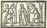 An illustration from Celestina : tragicomedia de Calisto et Melibea : novamente tradotta de lingua castigliana in italiano idioma : agiontoui di nuouo tutto quello che fin al giorno presente li mancaua : dapoi ogni altra impressione nouissimamente corretta, distinta, ordinata, & in piu com̃oda forma redotta, adornata, lequal cose nelle altre ĩpressione non si troua (1531)
