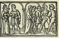 An illustration from Celestina : tragicomedia de Calisto et Melibea : novamente tradotta de lingua castigliana in italiano idioma : agiontoui di nuouo tutto quello che fin al giorno presente li mancaua : dapoi ogni altra impressione nouissimamente corretta, distinta, ordinata, & in piu com̃oda forma redotta, adornata, lequal cose nelle altre ĩpressione non si troua (1531)