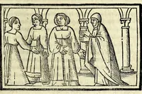 An illustration from Celestina : tragicomedia de Calisto et Melibea : novamente tradotta de lingua castigliana in italiano idioma : agiontoui di nuouo tutto quello che fin al giorno presente li mancaua : dapoi ogni altra impressione nouissimamente corretta, distinta, ordinata, & in piu com̃oda forma redotta, adornata, lequal cose nelle altre ĩpressione non si troua (1531)