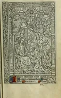 An illustration from Ces presentes heures a lusaige de Romme furent acheuees le xvii. iour de Auril. Lan .M.CCCC.iiii.xx. et xvii. pour Simon vostre Libraire demoura[n]t a la rue neueu a lenseigne sainct Jehan leuangeliste