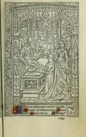 An illustration from Ces presentes heures a lusaige de Romme furent acheuees le xvii. iour de Auril. Lan .M.CCCC.iiii.xx. et xvii. pour Simon vostre Libraire demoura[n]t a la rue neueu a lenseigne sainct Jehan leuangeliste