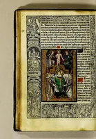 An illustration from Ces presentes heures a lusaige de Rom[m]e fure[n]t acheuez lan mil. CCCC.iiii.xx. [et] xviii. le xxii. iour de aoust pour Symo[n] Vostre libraire demoura[n]t a Paris a la rue neuue Nostre Dame a lenseigne Sainct Jehan leuangeliste