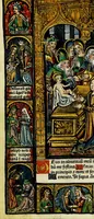 An illustration from Ces presentes heures a lusaige de Rom[m]e fure[n]t acheuez lan mil. CCCC.iiii.xx. [et] xviii. le xxii. iour de aoust pour Symo[n] Vostre libraire demoura[n]t a Paris a la rue neuue Nostre Dame a lenseigne Sainct Jehan leuangeliste