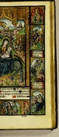 An illustration from Ces presentes heures a lusaige de Rom[m]e fure[n]t acheuez lan mil. CCCC.iiii.xx. [et] xviii. le xxii. iour de aoust pour Symo[n] Vostre libraire demoura[n]t a Paris a la rue neuue Nostre Dame a lenseigne Sainct Jehan leuangeliste