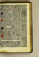 An illustration from Ces presentes heures a lusaige de Rom[m]e fure[n]t acheuez lan mil. CCCC.iiii.xx. [et] xviii. le xxii. iour de aoust pour Symo[n] Vostre libraire demoura[n]t a Paris a la rue neuue Nostre Dame a lenseigne Sainct Jehan leuangeliste