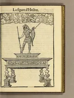 Picture 16 of 19 from Cest la deduction du sumptueux ordre, plaisantz spectacles et magnifiques theatres dresses, et exhibes par les citoiens de Rouen ville metropolitaine du pays de Normandie, : a la sacree maiesté du treschristian [sic] Roy de France, Henry Secō[n]d leur souuerain seigneur, et à tresillustre [sic] dame, ma dame Katharine de Medicis, la royne son espouze, lors de leur triumphant ioyeulx & nouuel aduenement en icelle ville, qui fut es iours de mercredy & ieudy premier & secō[n]d iours d'octobre, mil cinq cens cinquante, et pour plus expresse intelligence de ce tant excellent triumphe, les figures & pourtraictz des principaulx a[d]ornementz d'iceluy y sont apposez chascun en son lieu comme l'on pourra veoir par le discours de l'histoire. Auec priuilege du Roy (1551), leaf 105