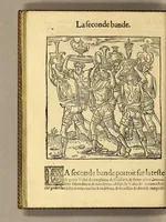 Picture 7 of 19 from Cest la deduction du sumptueux ordre, plaisantz spectacles et magnifiques theatres dresses, et exhibes par les citoiens de Rouen ville metropolitaine du pays de Normandie, : a la sacree maiesté du treschristian [sic] Roy de France, Henry Secō[n]d leur souuerain seigneur, et à tresillustre [sic] dame, ma dame Katharine de Medicis, la royne son espouze, lors de leur triumphant ioyeulx & nouuel aduenement en icelle ville, qui fut es iours de mercredy & ieudy premier & secō[n]d iours d'octobre, mil cinq cens cinquante, et pour plus expresse intelligence de ce tant excellent triumphe, les figures & pourtraictz des principaulx a[d]ornementz d'iceluy y sont apposez chascun en son lieu comme l'on pourra veoir par le discours de l'histoire. Auec priuilege du Roy (1551), leaf 54
