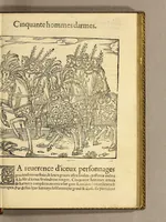 An illustration from Cest la deduction du sumptueux ordre, plaisantz spectacles et magnifiques theatres dresses, et exhibes par les citoiens de Rouen ville metropolitaine du pays de Normandie, : a la sacree maiesté du treschristian [sic] Roy de France, Henry Secō[n]d leur souuerain seigneur, et à tresillustre [sic] dame, ma dame Katharine de Medicis, la royne son espouze, lors de leur triumphant ioyeulx & nouuel aduenement en icelle ville, qui fut es iours de mercredy & ieudy premier & secō[n]d iours d'octobre, mil cinq cens cinquante, et pour plus expresse intelligence de ce tant excellent triumphe, les figures & pourtraictz des principaulx a[d]ornementz d'iceluy y sont apposez chascun en son lieu comme l'on pourra veoir par le discours de l'histoire. Auec priuilege du Roy (1551)