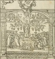 An illustration from Cest la dedvction du sumptueux ordre, plaisantz spectacles et magnifiqves theatres : dresses et exhibes par les citoiens de Rouen, ville metropolitaine du pays de Normandie, a la sacree maiesté du treschristian roy de France, Henry Secõd leur souuerain seigneur, et à tresillustre dame, ma dame Katharine de Medicis, la royne son espouze, lors de leur triumphant, ioyeulx & nouuel aduenement en icelle ville, qui fut es iours de mercredy & ieudy premier & secõd iours d'octobre, mil cinq cens cinquante : et pour plus expresse intelligence de ce tant excellent triumphe, les figures & pourtraictz des principaulx aornementz d'iceluy y sont apposez chascun en son lieu comme l'on pourra veoir par le discours de l'histoire (1551)