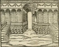 An illustration from Cest la dedvction du sumptueux ordre, plaisantz spectacles et magnifiqves theatres : dresses et exhibes par les citoiens de Rouen, ville metropolitaine du pays de Normandie, a la sacree maiesté du treschristian roy de France, Henry Secõd leur souuerain seigneur, et à tresillustre dame, ma dame Katharine de Medicis, la royne son espouze, lors de leur triumphant, ioyeulx & nouuel aduenement en icelle ville, qui fut es iours de mercredy & ieudy premier & secõd iours d'octobre, mil cinq cens cinquante : et pour plus expresse intelligence de ce tant excellent triumphe, les figures & pourtraictz des principaulx aornementz d'iceluy y sont apposez chascun en son lieu comme l'on pourra veoir par le discours de l'histoire (1551)