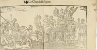 Picture 13 of 45 from Cest la dedvction du sumptueux ordre, plaisantz spectacles et magnifiqves theatres : dresses et exhibes par les citoiens de Rouen, ville metropolitaine du pays de Normandie, a la sacree maiesté du treschristian roy de France, Henry Secõd leur souuerain seigneur, et à tresillustre dame, ma dame Katharine de Medicis, la royne son espouze, lors de leur triumphant, ioyeulx & nouuel aduenement en icelle ville, qui fut es iours de mercredy & ieudy premier & secõd iours d'octobre, mil cinq cens cinquante : et pour plus expresse intelligence de ce tant excellent triumphe, les figures & pourtraictz des principaulx aornementz d'iceluy y sont apposez chascun en son lieu comme l'on pourra veoir par le discours de l'histoire (1551), leaf 42