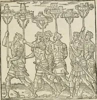 An illustration from Cest la dedvction du sumptueux ordre, plaisantz spectacles et magnifiqves theatres : dresses et exhibes par les citoiens de Rouen, ville metropolitaine du pays de Normandie, a la sacree maiesté du treschristian roy de France, Henry Secõd leur souuerain seigneur, et à tresillustre dame, ma dame Katharine de Medicis, la royne son espouze, lors de leur triumphant, ioyeulx & nouuel aduenement en icelle ville, qui fut es iours de mercredy & ieudy premier & secõd iours d'octobre, mil cinq cens cinquante : et pour plus expresse intelligence de ce tant excellent triumphe, les figures & pourtraictz des principaulx aornementz d'iceluy y sont apposez chascun en son lieu comme l'on pourra veoir par le discours de l'histoire (1551)