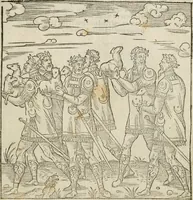 Picture 21 of 45 from Cest la dedvction du sumptueux ordre, plaisantz spectacles et magnifiqves theatres : dresses et exhibes par les citoiens de Rouen, ville metropolitaine du pays de Normandie, a la sacree maiesté du treschristian roy de France, Henry Secõd leur souuerain seigneur, et à tresillustre dame, ma dame Katharine de Medicis, la royne son espouze, lors de leur triumphant, ioyeulx & nouuel aduenement en icelle ville, qui fut es iours de mercredy & ieudy premier & secõd iours d'octobre, mil cinq cens cinquante : et pour plus expresse intelligence de ce tant excellent triumphe, les figures & pourtraictz des principaulx aornementz d'iceluy y sont apposez chascun en son lieu comme l'on pourra veoir par le discours de l'histoire (1551), leaf 52
