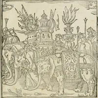 Picture 24 of 45 from Cest la dedvction du sumptueux ordre, plaisantz spectacles et magnifiqves theatres : dresses et exhibes par les citoiens de Rouen, ville metropolitaine du pays de Normandie, a la sacree maiesté du treschristian roy de France, Henry Secõd leur souuerain seigneur, et à tresillustre dame, ma dame Katharine de Medicis, la royne son espouze, lors de leur triumphant, ioyeulx & nouuel aduenement en icelle ville, qui fut es iours de mercredy & ieudy premier & secõd iours d'octobre, mil cinq cens cinquante : et pour plus expresse intelligence de ce tant excellent triumphe, les figures & pourtraictz des principaulx aornementz d'iceluy y sont apposez chascun en son lieu comme l'on pourra veoir par le discours de l'histoire (1551), leaf 58