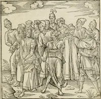 An illustration from Cest la dedvction du sumptueux ordre, plaisantz spectacles et magnifiqves theatres : dresses et exhibes par les citoiens de Rouen, ville metropolitaine du pays de Normandie, a la sacree maiesté du treschristian roy de France, Henry Secõd leur souuerain seigneur, et à tresillustre dame, ma dame Katharine de Medicis, la royne son espouze, lors de leur triumphant, ioyeulx & nouuel aduenement en icelle ville, qui fut es iours de mercredy & ieudy premier & secõd iours d'octobre, mil cinq cens cinquante : et pour plus expresse intelligence de ce tant excellent triumphe, les figures & pourtraictz des principaulx aornementz d'iceluy y sont apposez chascun en son lieu comme l'on pourra veoir par le discours de l'histoire (1551)