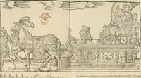 Picture 27 of 45 from Cest la dedvction du sumptueux ordre, plaisantz spectacles et magnifiqves theatres : dresses et exhibes par les citoiens de Rouen, ville metropolitaine du pays de Normandie, a la sacree maiesté du treschristian roy de France, Henry Secõd leur souuerain seigneur, et à tresillustre dame, ma dame Katharine de Medicis, la royne son espouze, lors de leur triumphant, ioyeulx & nouuel aduenement en icelle ville, qui fut es iours de mercredy & ieudy premier & secõd iours d'octobre, mil cinq cens cinquante : et pour plus expresse intelligence de ce tant excellent triumphe, les figures & pourtraictz des principaulx aornementz d'iceluy y sont apposez chascun en son lieu comme l'on pourra veoir par le discours de l'histoire (1551), leaf 66