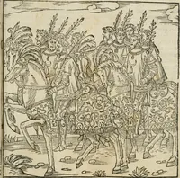 Picture 29 of 45 from Cest la dedvction du sumptueux ordre, plaisantz spectacles et magnifiqves theatres : dresses et exhibes par les citoiens de Rouen, ville metropolitaine du pays de Normandie, a la sacree maiesté du treschristian roy de France, Henry Secõd leur souuerain seigneur, et à tresillustre dame, ma dame Katharine de Medicis, la royne son espouze, lors de leur triumphant, ioyeulx & nouuel aduenement en icelle ville, qui fut es iours de mercredy & ieudy premier & secõd iours d'octobre, mil cinq cens cinquante : et pour plus expresse intelligence de ce tant excellent triumphe, les figures & pourtraictz des principaulx aornementz d'iceluy y sont apposez chascun en son lieu comme l'on pourra veoir par le discours de l'histoire (1551), leaf 70