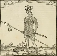 Picture 30 of 45 from Cest la dedvction du sumptueux ordre, plaisantz spectacles et magnifiqves theatres : dresses et exhibes par les citoiens de Rouen, ville metropolitaine du pays de Normandie, a la sacree maiesté du treschristian roy de France, Henry Secõd leur souuerain seigneur, et à tresillustre dame, ma dame Katharine de Medicis, la royne son espouze, lors de leur triumphant, ioyeulx & nouuel aduenement en icelle ville, qui fut es iours de mercredy & ieudy premier & secõd iours d'octobre, mil cinq cens cinquante : et pour plus expresse intelligence de ce tant excellent triumphe, les figures & pourtraictz des principaulx aornementz d'iceluy y sont apposez chascun en son lieu comme l'on pourra veoir par le discours de l'histoire (1551), leaf 73
