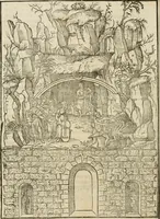 An illustration from Cest la dedvction du sumptueux ordre, plaisantz spectacles et magnifiqves theatres : dresses et exhibes par les citoiens de Rouen, ville metropolitaine du pays de Normandie, a la sacree maiesté du treschristian roy de France, Henry Secõd leur souuerain seigneur, et à tresillustre dame, ma dame Katharine de Medicis, la royne son espouze, lors de leur triumphant, ioyeulx & nouuel aduenement en icelle ville, qui fut es iours de mercredy & ieudy premier & secõd iours d'octobre, mil cinq cens cinquante : et pour plus expresse intelligence de ce tant excellent triumphe, les figures & pourtraictz des principaulx aornementz d'iceluy y sont apposez chascun en son lieu comme l'on pourra veoir par le discours de l'histoire (1551)