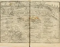 Picture 35 of 45 from Cest la dedvction du sumptueux ordre, plaisantz spectacles et magnifiqves theatres : dresses et exhibes par les citoiens de Rouen, ville metropolitaine du pays de Normandie, a la sacree maiesté du treschristian roy de France, Henry Secõd leur souuerain seigneur, et à tresillustre dame, ma dame Katharine de Medicis, la royne son espouze, lors de leur triumphant, ioyeulx & nouuel aduenement en icelle ville, qui fut es iours de mercredy & ieudy premier & secõd iours d'octobre, mil cinq cens cinquante : et pour plus expresse intelligence de ce tant excellent triumphe, les figures & pourtraictz des principaulx aornementz d'iceluy y sont apposez chascun en son lieu comme l'on pourra veoir par le discours de l'histoire (1551), leaf 90