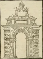 Picture 36 of 45 from Cest la dedvction du sumptueux ordre, plaisantz spectacles et magnifiqves theatres : dresses et exhibes par les citoiens de Rouen, ville metropolitaine du pays de Normandie, a la sacree maiesté du treschristian roy de France, Henry Secõd leur souuerain seigneur, et à tresillustre dame, ma dame Katharine de Medicis, la royne son espouze, lors de leur triumphant, ioyeulx & nouuel aduenement en icelle ville, qui fut es iours de mercredy & ieudy premier & secõd iours d'octobre, mil cinq cens cinquante : et pour plus expresse intelligence de ce tant excellent triumphe, les figures & pourtraictz des principaulx aornementz d'iceluy y sont apposez chascun en son lieu comme l'on pourra veoir par le discours de l'histoire (1551), leaf 95