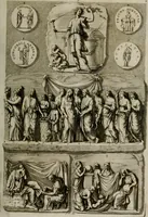 An illustration from Iconologia deorum, oder Abbildung der Götter : welche von den alten verehret Worden ; ais dem Welt-berümtesten Antichen der Griechischen und Römischen Statuen, auch in Marmel, Porfido-Stein, Metall, Agat, Onyx, Sardonich und andren Edelsteinen befindlichen Bildereyen, sorgfältig abgesehen, samt dero eigentlicher Beschreibung und Erklärung der Heidnischen Tempel-Ceremonien, auch Vorbildung der thiere und anderer Sachen, die auf hieroglyphische und emblematische Art, nach Weise der Egyptischen Schrifften, schicklich können vorgebracht und auf einen gewissen Verstand gerichtet werden ; deme allem vorgefügt ist, des durchleuchtigen Palm-Ordens der Hochlöbl. fruchtbringenden Gesellschaft auf dem Parnass aufgestellter ehren-Tempel (1680)