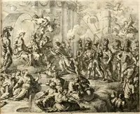 An illustration from Iconologia deorum, oder Abbildung der Götter : welche von den alten verehret Worden ; ais dem Welt-berümtesten Antichen der Griechischen und Römischen Statuen, auch in Marmel, Porfido-Stein, Metall, Agat, Onyx, Sardonich und andren Edelsteinen befindlichen Bildereyen, sorgfältig abgesehen, samt dero eigentlicher Beschreibung und Erklärung der Heidnischen Tempel-Ceremonien, auch Vorbildung der thiere und anderer Sachen, die auf hieroglyphische und emblematische Art, nach Weise der Egyptischen Schrifften, schicklich können vorgebracht und auf einen gewissen Verstand gerichtet werden ; deme allem vorgefügt ist, des durchleuchtigen Palm-Ordens der Hochlöbl. fruchtbringenden Gesellschaft auf dem Parnass aufgestellter ehren-Tempel (1680)