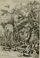 An illustration from Iconologia deorum, oder Abbildung der Götter : welche von den alten verehret Worden ; ais dem Welt-berümtesten Antichen der Griechischen und Römischen Statuen, auch in Marmel, Porfido-Stein, Metall, Agat, Onyx, Sardonich und andren Edelsteinen befindlichen Bildereyen, sorgfältig abgesehen, samt dero eigentlicher Beschreibung und Erklärung der Heidnischen Tempel-Ceremonien, auch Vorbildung der thiere und anderer Sachen, die auf hieroglyphische und emblematische Art, nach Weise der Egyptischen Schrifften, schicklich können vorgebracht und auf einen gewissen Verstand gerichtet werden ; deme allem vorgefügt ist, des durchleuchtigen Palm-Ordens der Hochlöbl. fruchtbringenden Gesellschaft auf dem Parnass aufgestellter ehren-Tempel (1680)
