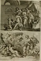 An illustration from Iconologia deorum, oder Abbildung der Götter : welche von den alten verehret Worden ; ais dem Welt-berümtesten Antichen der Griechischen und Römischen Statuen, auch in Marmel, Porfido-Stein, Metall, Agat, Onyx, Sardonich und andren Edelsteinen befindlichen Bildereyen, sorgfältig abgesehen, samt dero eigentlicher Beschreibung und Erklärung der Heidnischen Tempel-Ceremonien, auch Vorbildung der thiere und anderer Sachen, die auf hieroglyphische und emblematische Art, nach Weise der Egyptischen Schrifften, schicklich können vorgebracht und auf einen gewissen Verstand gerichtet werden ; deme allem vorgefügt ist, des durchleuchtigen Palm-Ordens der Hochlöbl. fruchtbringenden Gesellschaft auf dem Parnass aufgestellter ehren-Tempel (1680)