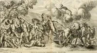 An illustration from Iconologia deorum, oder Abbildung der Götter : welche von den alten verehret Worden ; ais dem Welt-berümtesten Antichen der Griechischen und Römischen Statuen, auch in Marmel, Porfido-Stein, Metall, Agat, Onyx, Sardonich und andren Edelsteinen befindlichen Bildereyen, sorgfältig abgesehen, samt dero eigentlicher Beschreibung und Erklärung der Heidnischen Tempel-Ceremonien, auch Vorbildung der thiere und anderer Sachen, die auf hieroglyphische und emblematische Art, nach Weise der Egyptischen Schrifften, schicklich können vorgebracht und auf einen gewissen Verstand gerichtet werden ; deme allem vorgefügt ist, des durchleuchtigen Palm-Ordens der Hochlöbl. fruchtbringenden Gesellschaft auf dem Parnass aufgestellter ehren-Tempel (1680)