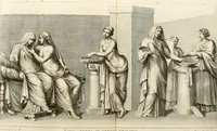 An illustration from Iconologia deorum, oder Abbildung der Götter : welche von den alten verehret Worden ; ais dem Welt-berümtesten Antichen der Griechischen und Römischen Statuen, auch in Marmel, Porfido-Stein, Metall, Agat, Onyx, Sardonich und andren Edelsteinen befindlichen Bildereyen, sorgfältig abgesehen, samt dero eigentlicher Beschreibung und Erklärung der Heidnischen Tempel-Ceremonien, auch Vorbildung der thiere und anderer Sachen, die auf hieroglyphische und emblematische Art, nach Weise der Egyptischen Schrifften, schicklich können vorgebracht und auf einen gewissen Verstand gerichtet werden ; deme allem vorgefügt ist, des durchleuchtigen Palm-Ordens der Hochlöbl. fruchtbringenden Gesellschaft auf dem Parnass aufgestellter ehren-Tempel (1680)
