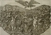 An illustration from Iconologia deorum, oder Abbildung der Götter : welche von den alten verehret Worden ; ais dem Welt-berümtesten Antichen der Griechischen und Römischen Statuen, auch in Marmel, Porfido-Stein, Metall, Agat, Onyx, Sardonich und andren Edelsteinen befindlichen Bildereyen, sorgfältig abgesehen, samt dero eigentlicher Beschreibung und Erklärung der Heidnischen Tempel-Ceremonien, auch Vorbildung der thiere und anderer Sachen, die auf hieroglyphische und emblematische Art, nach Weise der Egyptischen Schrifften, schicklich können vorgebracht und auf einen gewissen Verstand gerichtet werden ; deme allem vorgefügt ist, des durchleuchtigen Palm-Ordens der Hochlöbl. fruchtbringenden Gesellschaft auf dem Parnass aufgestellter ehren-Tempel (1680)
