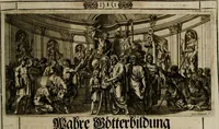 An illustration from Iconologia deorum, oder Abbildung der Götter : welche von den alten verehret Worden ; ais dem Welt-berümtesten Antichen der Griechischen und Römischen Statuen, auch in Marmel, Porfido-Stein, Metall, Agat, Onyx, Sardonich und andren Edelsteinen befindlichen Bildereyen, sorgfältig abgesehen, samt dero eigentlicher Beschreibung und Erklärung der Heidnischen Tempel-Ceremonien, auch Vorbildung der thiere und anderer Sachen, die auf hieroglyphische und emblematische Art, nach Weise der Egyptischen Schrifften, schicklich können vorgebracht und auf einen gewissen Verstand gerichtet werden ; deme allem vorgefügt ist, des durchleuchtigen Palm-Ordens der Hochlöbl. fruchtbringenden Gesellschaft auf dem Parnass aufgestellter ehren-Tempel (1680)